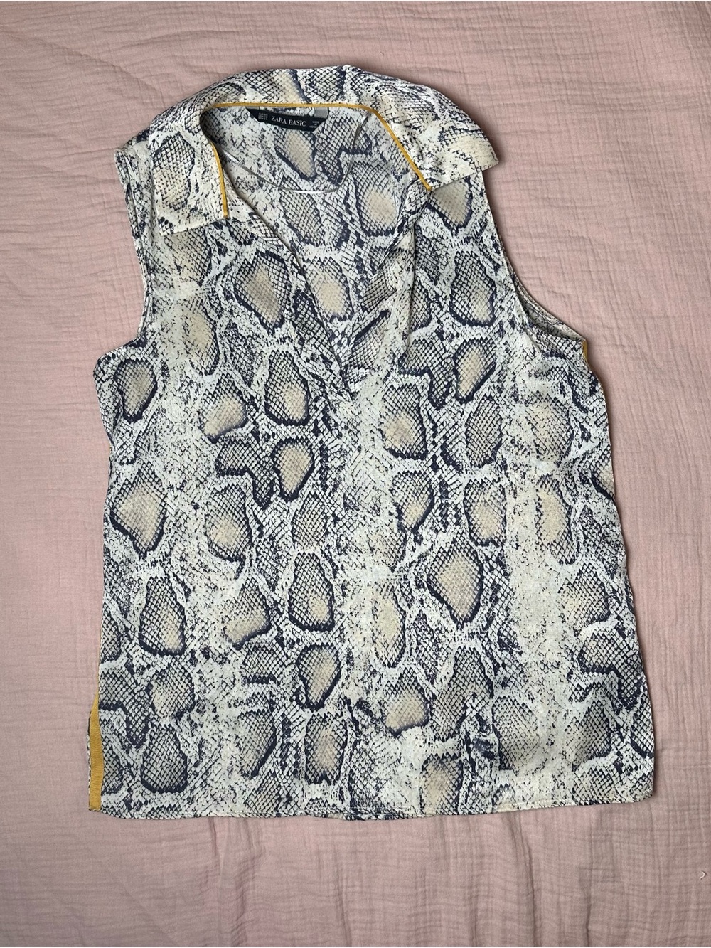 Zara Basic Women’s XS Snake Print Sleeveless Blouse Mustard Trim